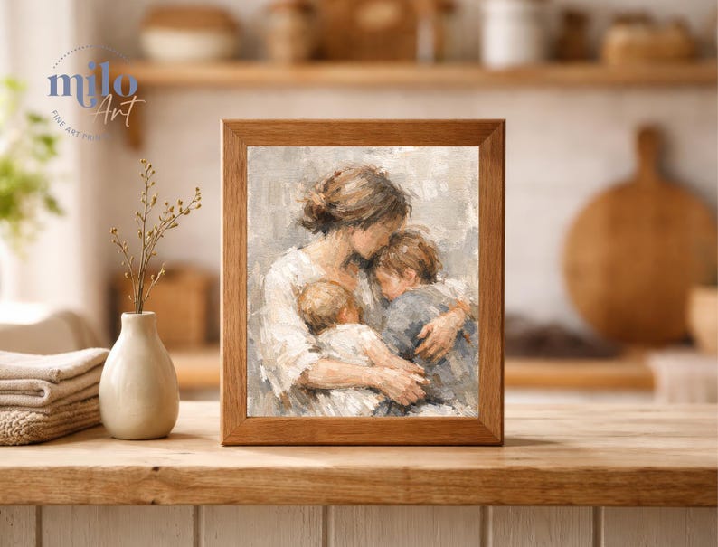 Mother and Two Children Print, Figurative Family Art, Motherhood, Nursery, Cozy Home Decor