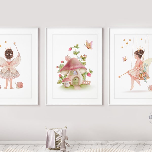 Fee mit braunen Locken Kinderkunstset mit 3 Postern, Fee Garten Wandkunst, Fee Kinderzimmer drucken, Baby-Dusche-Geschenk, Mädchen Zimmer