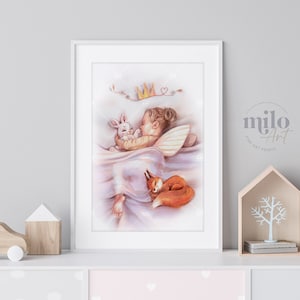 Schlafende Fee-Druck, Original-Aquarell Gemälde für das Kinderzimmer, Mädchenzimmer-Poster, einzigartige Geschenke für Mädchen, Wandkunst