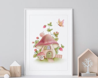 Mushroom House Wall Art, Whimsical Fairy Home Print, Cute Forest Decor ...