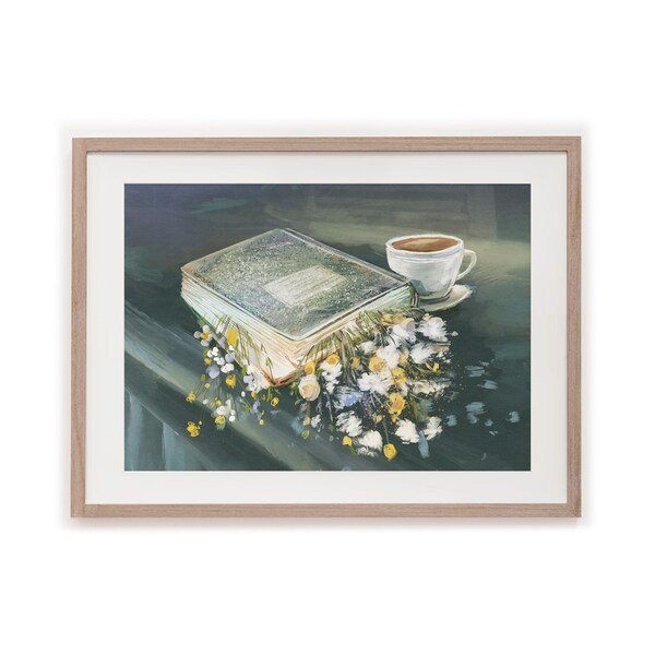 Buch mit Teetasse Original Ölgemälde Buch Kaffee Blume Kunstdruck Poster. Stilleben für Zuhause, Küche, Wanddekoration, Geschenkidee