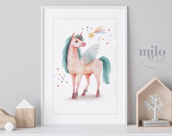 Einhorn Druck, Mädchen Kinderzimmer Kunst, Kinderzimmer Wanddekoration, Mädchen Schlafzimmer Dekoration, Aquarell Einhorn, Pegasus