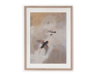 Flying Swallows Birds Painting, Sunset Sky, Bird Flock Print, Sunset Wall Art, Simple Flying Birds, Bird Art