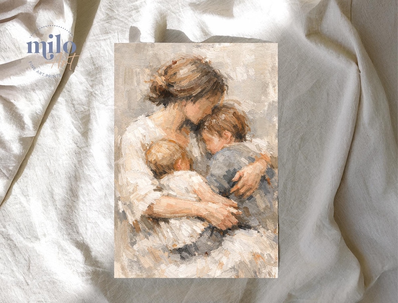 Mother and Two Children Print, Figurative Family Art, Motherhood, Nursery, Cozy Home Decor