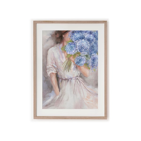 Frau mit Blumenstrauß Kunstdruck. Blau Hortensie , Mädchen mit Blumen Zweig,  Floral Wand Dekor, Hortensie Malerei