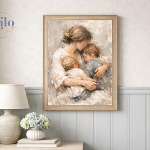 Mother and Two Children Print, Figurative Family Art, Motherhood, Nursery, Cozy Home Decor