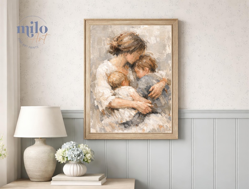 Mother and Two Children Print, Figurative Family Art, Motherhood, Nursery, Cozy Home Decor