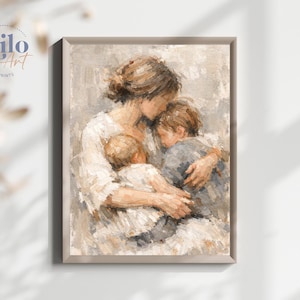Mother and Two Children Print, Figurative Family Art, Motherhood, Nursery, Cozy Home Decor