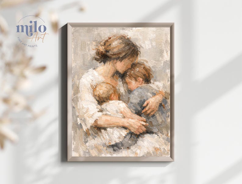 Mother and Two Children Print, Figurative Family Art, Motherhood, Nursery, Cozy Home Decor