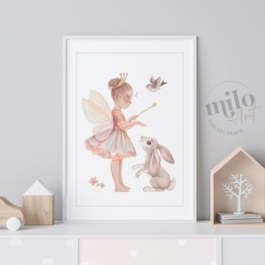 Feenprinzessin und Hase-Aquarelldruck, Gemälde für das Kinderzimmer, Mädchenzimmer-Poster, einzigartige Geschenke für Mädchen, Wandkunst