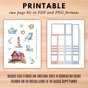 Kit de pegatinas semanales con diseño vertical Happy Planner, pegatinas imprimibles de playa costera para HP clásicas, descarga digital náutica en PDF y PNG.