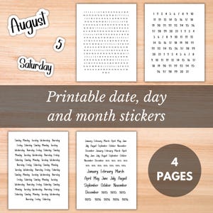 Afdrukbare datumomslagen, datum-/weekdag-/maandstickers voor het daten of opnieuw daten van tijdschriften en planners, basisprincipes van decoratieve functionele planning