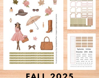Printable planner stickers, monthly sticker kit for Happy Planner classic size, Fall Fashion digital planning stickers, PDF & PNG bundle