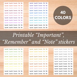 Puede incluir: Pegatinas imprimibles con las palabras "Important", "Remember" y "Note" en varios colores. La imagen incluye un gráfico circular con el texto "40 COLORS" y varias hojas de pegatinas.