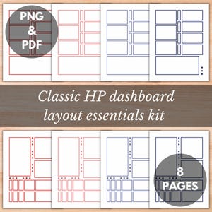 Puede incluir: Una colección de ocho páginas de planificador con un diseño de panel Classic HP. Las páginas son rojas y azules, con un fondo blanco. El texto "PNG & PDF" y "8 PAGES" son visibles. El texto "Classic HP dashboard layout essentials kit" también es visible.