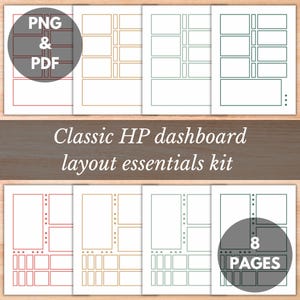 May include: Printable planner dashboard templates in red, gold, and green. The templates feature different layouts with boxes and lines for organizing tasks and notes. The text "Classic HP dashboard layout essentials kit" and "8 pages" are included in the image.