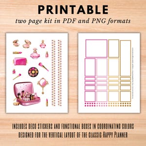 Happy Planner vertical layout weekly sticker kit, printable pink and gold stickers for classic HP, Makeup PDF & PNG digital download