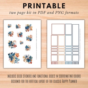 May include: Printable planner stickers and boxes in PDF and PNG formats. The stickers feature a fall leaf design in shades of blue, orange, and red. The boxes are in coordinating colors of red, orange, and blue. The text "INCLUDES DECO STICKERS AND FUNCTIONAL BOXES IN COORDINATING COLORS DESIGNED FOR THE VERTICAL LAYOUT OF THE CLASSIC HAPPY PLANNER" is at the bottom of the image.
