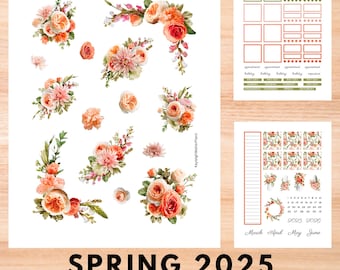 Printable planner stickers, monthly sticker kit for Happy Planner classic size, Coral Floral digital planning stickers, PDF & PNG bundle