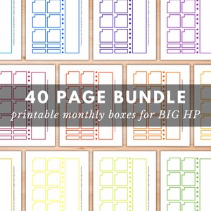 Peut inclure: Plusieurs feuilles de boîtes mensuelles imprimables pour planificateurs BIG HP. L'image présente des boîtes colorées en bleu, violet, orange et vert. Le texte "40 PAGE BUNDLE" est affiché en évidence.