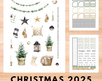 Printable planner stickers, December monthly sticker kit for Happy Planner classic size, Farmhouse Christmas PDF & PNG bundle