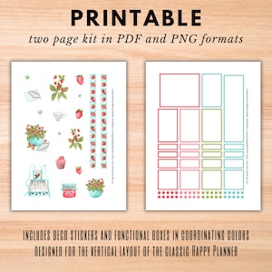 Kit di adesivi settimanali con layout verticale Happy Planner, adesivi da cucina turchesi stampabili per HP classico, download digitale PDF e PNG di Strawberry