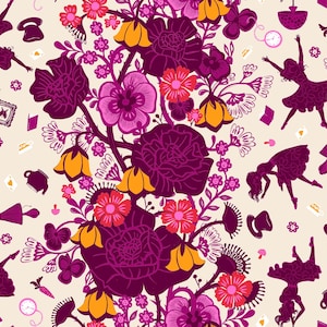 May include: A whimsical floral pattern featuring stylized flowers in shades of purple, pink, and yellow against a cream background. Silhouettes of figures and whimsical objects like hats and teacups are scattered throughout the design.