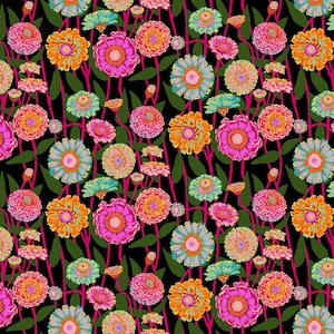 May include: A vibrant floral pattern featuring colorful zinnias in shades of pink, orange, and teal against a black background. The flowers are interspersed with green leaves and connected by thin, magenta stems.