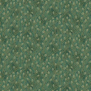 May include: A seamless pattern featuring a dark green background with a textured appearance. The design includes vertical, flowing stems with small, light tan leaves and tiny dark brown dots, creating a natural, organic aesthetic.