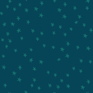 May include: A seamless pattern featuring teal-colored, hand-drawn stars scattered across a dark teal background. The stars vary slightly in size and orientation, creating a whimsical, celestial design. This pattern is suitable for various applications, including fabric and wallpaper.