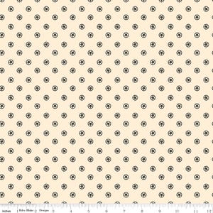 May include: Cream-colored fabric with a repeating pattern of black stars inside a circle. The stars are evenly spaced across the fabric. The fabric is measured in inches.