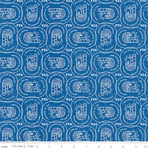 May include: Blue fabric with a repeating pattern of white FFA emblems. Each emblem includes a stylized farm scene and the text "I Believe in the Future of Agriculture" in a circular design. The fabric is suitable for quilting or crafting.