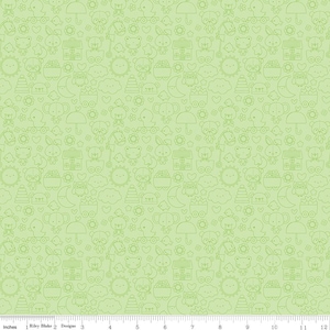 May include: A green fabric with a repeating pattern of small, white line drawings of animals, hearts, stars, clouds, and other cute objects. The fabric is designed for quilting and crafting.