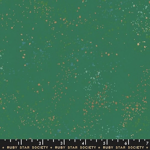 May include: Green fabric with a speckled pattern of small, multi-colored dots. The fabric is a solid green color with a subtle texture. The dots are a variety of colors, including orange, blue, and green. The fabric is a cotton blend and is perfect for quilting, sewing, and crafting.