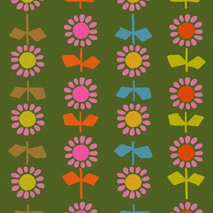 May include: A repeating pattern of stylized flowers in rows on a green background. The flowers have pink, orange, yellow, and blue accents. The design is reminiscent of a retro floral print.