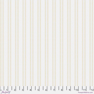 May include: White fabric with a repeating pattern of vertical lines. The lines are composed of small, gold-colored triangles pointing upwards, creating a chevron effect. The fabric has a ruler along the bottom edge, with measurements in inches.