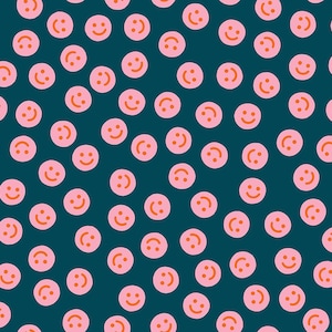 May include: A repeating pattern of pink smiley faces with orange mouths on a dark teal background. The faces are evenly spaced and create a cheerful, playful design. This pattern is suitable for various applications.
