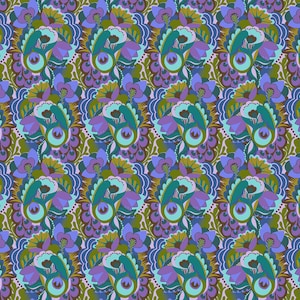 May include: A repeating pattern featuring stylized floral and paisley elements in shades of teal, purple, olive green, and blue. The design has a vintage, bohemian aesthetic, suitable for fabric or wallpaper.