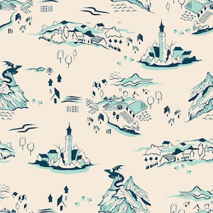 May include: A seamless pattern featuring a light cream background with dark teal and light blue line art illustrations of a fantasy landscape. The design includes mountains, small houses, trees, sheep, and winged dragons perched on peaks.