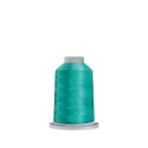 May include: A spool of teal-colored embroidery thread. The thread is tightly wound around a cylindrical core with a gray base and top. The thread has a slight sheen, suggesting a smooth texture. The background is plain white, highlighting the thread's color and form.
