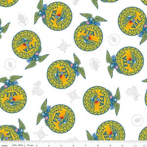 May include: White fabric with a repeating pattern of yellow and blue FFA emblems, each featuring an eagle and the words "Agricultural Education." The design includes agricultural icons.