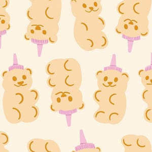 May include: A repeating pattern of cartoon gummy bears with pink hats and cones. The bears are light brown with dark brown details, and the hats and cones are pink. The background is a light beige color.