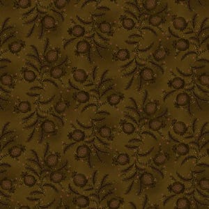 May include: A seamless pattern featuring a repeating design of stylized pomegranates and leaves in shades of brown and dark red against a muted olive green background. The design has a vintage, botanical feel.