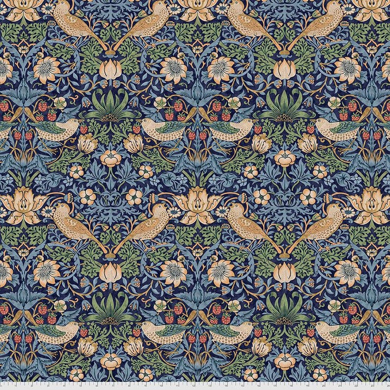 May include: A repeating pattern of stylized birds, flowers, and leaves on a dark blue background. The design features a repeating pattern of stylized birds, flowers, and leaves on a dark blue background. The design is reminiscent of traditional Arts and Crafts style.