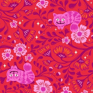 May include: A vibrant, repeating pattern featuring stylized pink Cheshire cats and floral elements on a red background. The design includes flowers in shades of pink, orange, and white, with dark purple vines and leaves.