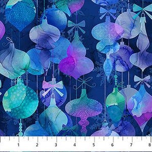 May include: A fabric pattern featuring watercolor-style Christmas ornaments in shades of blue, teal, and purple. The ornaments have a translucent effect and are suspended against a dark blue background. A ruler is at the bottom.