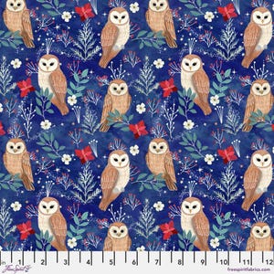 Owl Magic in Blue - Christmas Cabin by Mia Charro for Free Spirit fabrics
