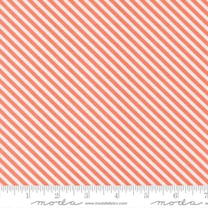 May include: Coral and white striped fabric with diagonal lines. The fabric has a repeating pattern of coral-colored stripes alternating with white stripes. The fabric is suitable for sewing projects, quilting, or other crafts.