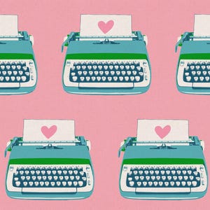 May include: A repeating pattern of teal typewriters with green accents and white keys, each with a sheet of paper featuring a pink heart. The background is a solid pink color. The image has a retro, romantic theme.