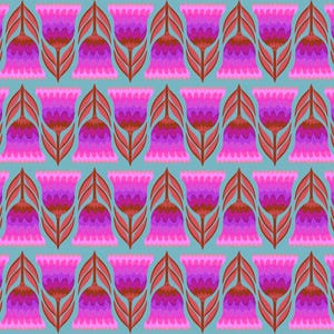 May include: A repeating pattern of stylized flowers in shades of pink, purple, and red-brown against a light blue background. The floral design features a symmetrical arrangement of petals and leaves, creating a vibrant and decorative textile pattern.